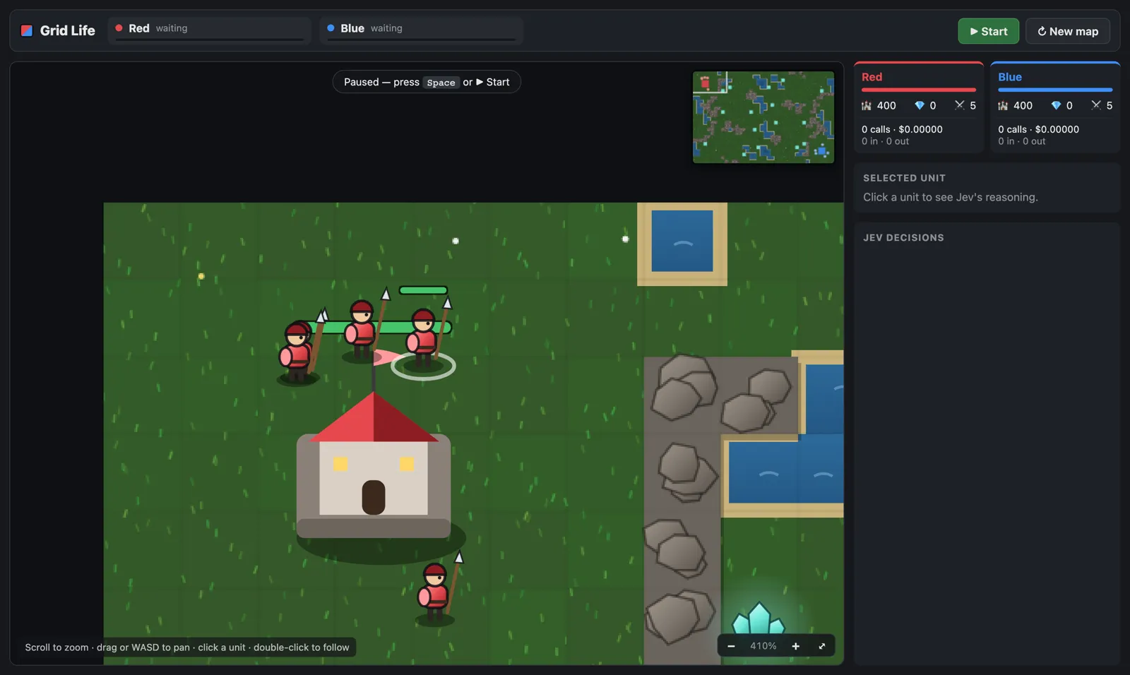 Zoomed in on the red base, with soldiers, a keep and crystals
