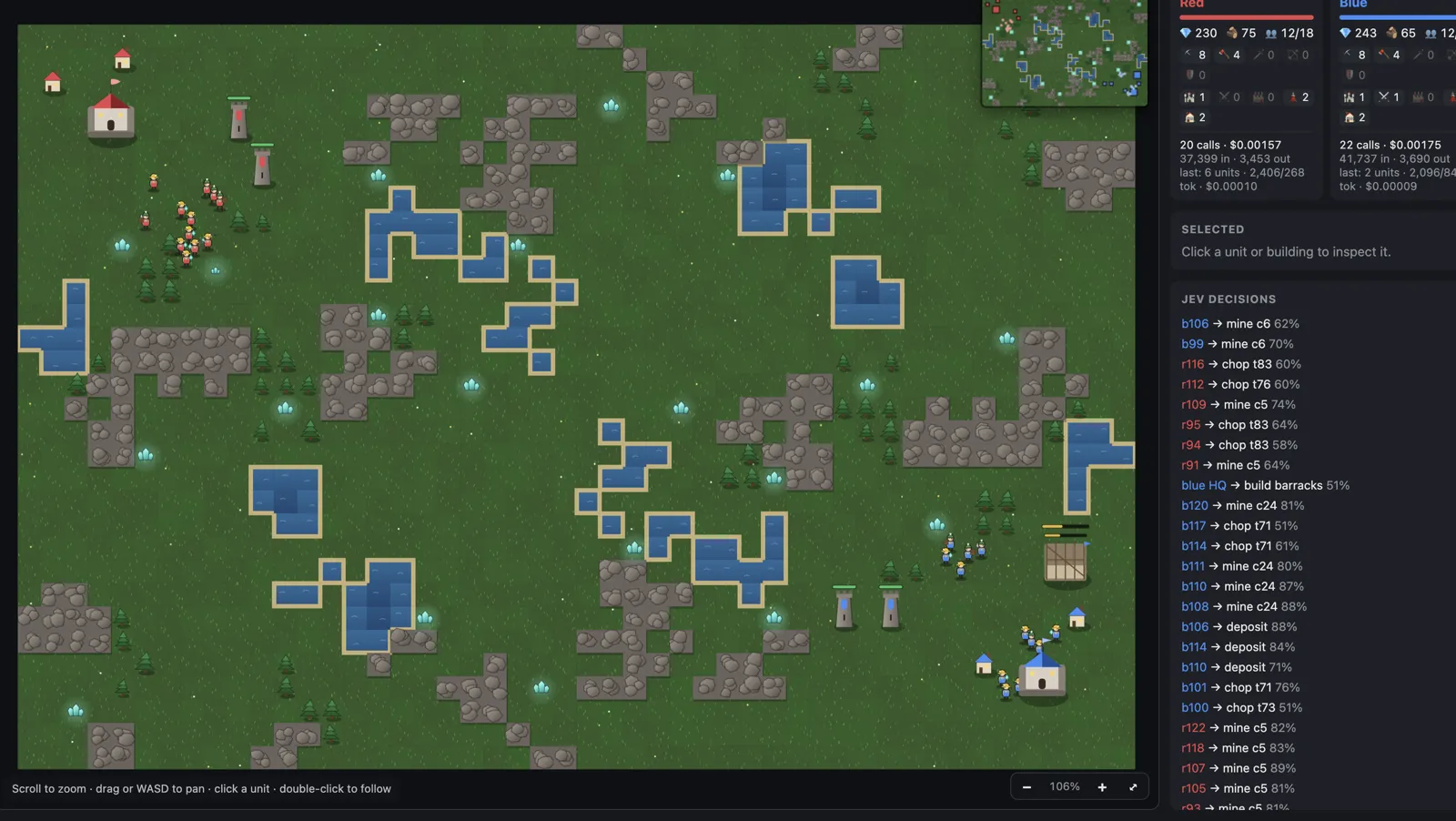 Both teams mining with lots of crystals banked and almost no army
