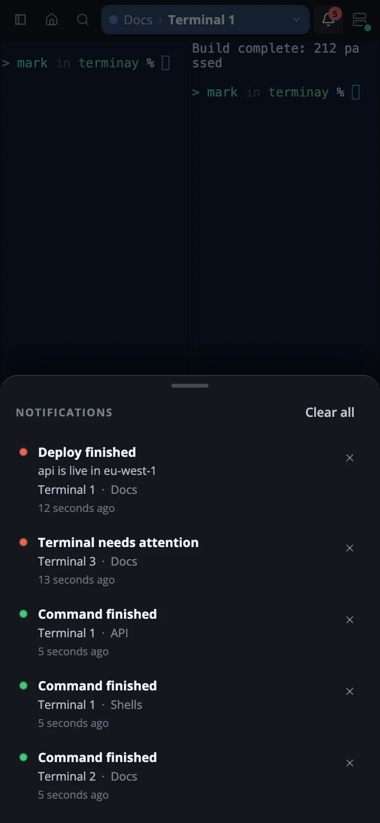 Terminay on a phone with the Notifications sheet open