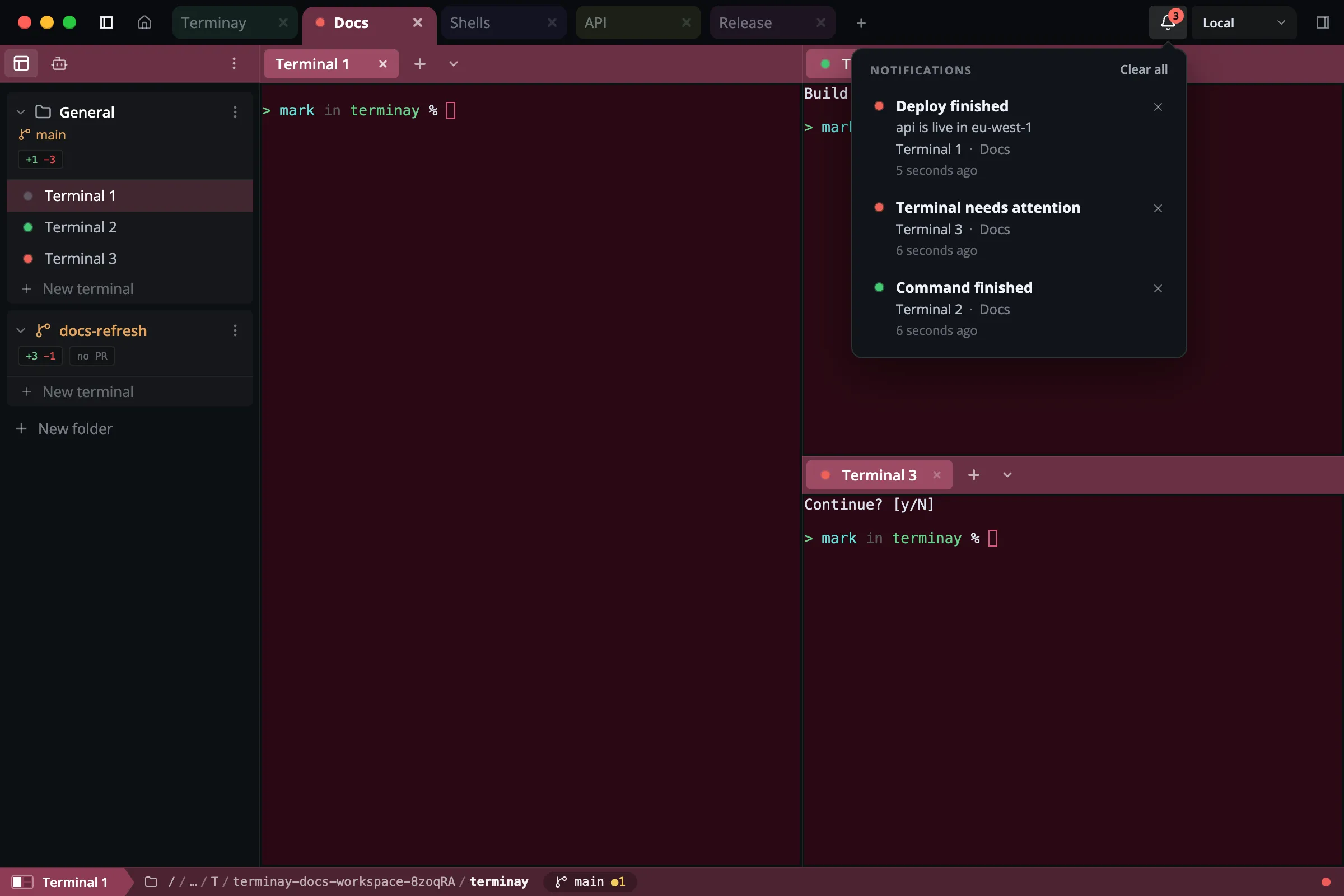 Terminay with three terminals and the Notifications list open
