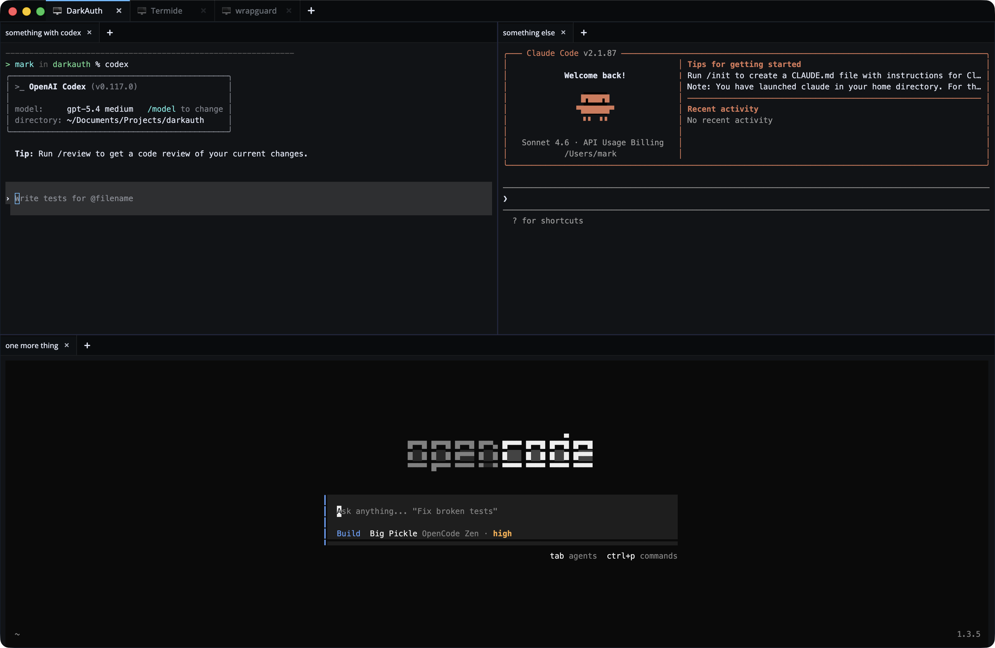 Termide workspace overview with docked terminal panels